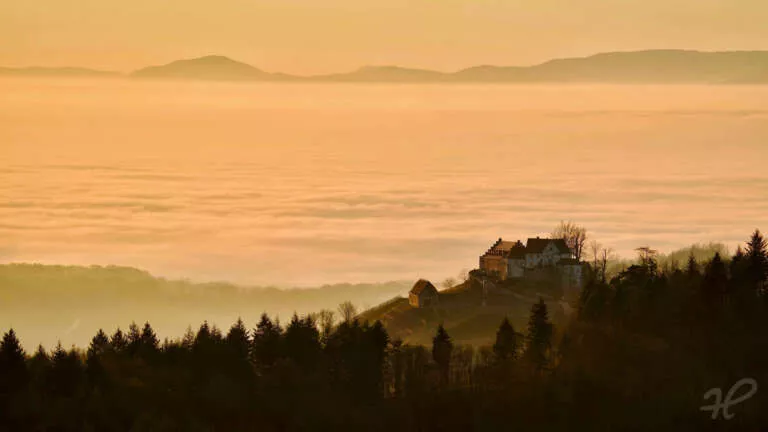 Schloß Staufenberg über dem Nebel des Rheintals