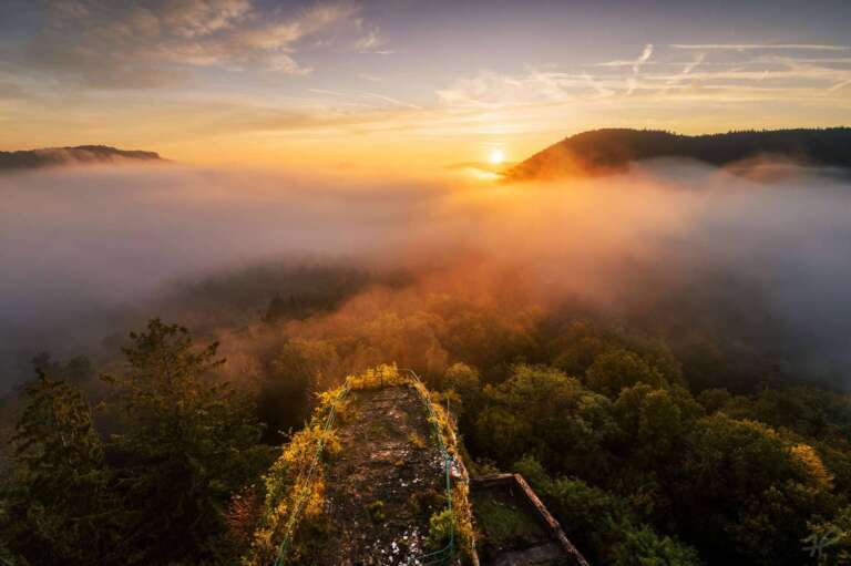 Sonnenaufgang mit Nebel der Burg Drachenfels