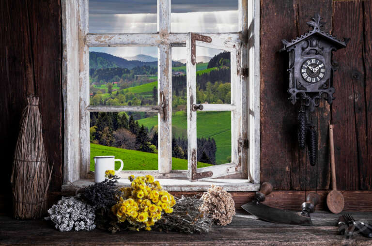 Bauernstube mit Blick durch das Fenster