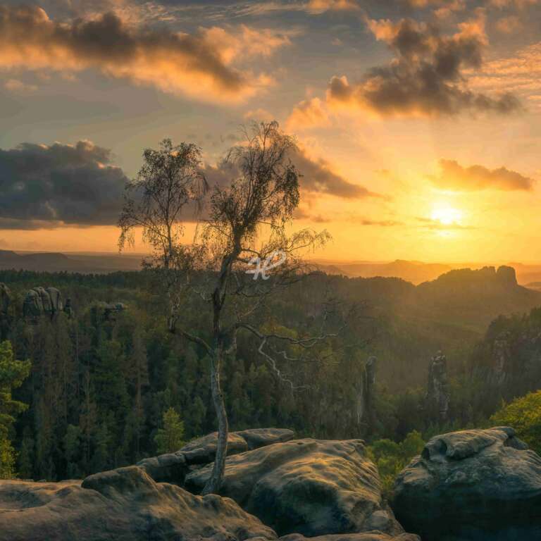 Saechsisches Wanderparadies III, Panorama Elbsandstein zum Sonnenuntergang im Sommer