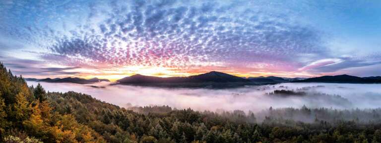 Was für ein Himmel II, ein Panorama vom Pfälzer Wald mit Nebel in den Tälern