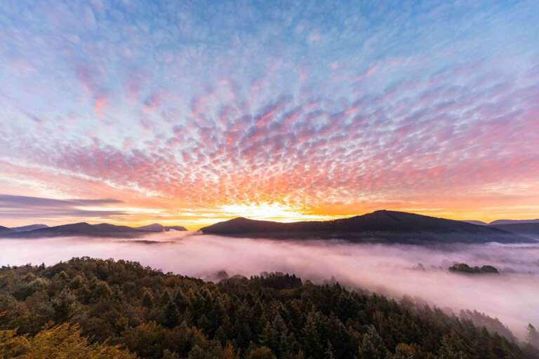 Wolkenspiel, Pfälzer Wald bei Spirelbach am Morgen mit spannenden Wolken