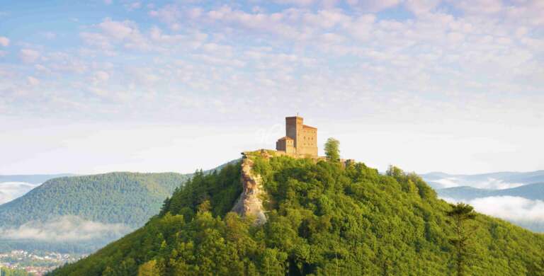 Burg Trifels in der Morgensonne nach Regenschauer