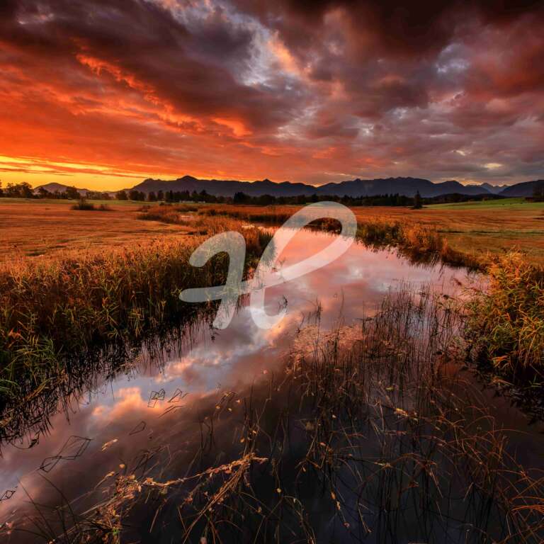 Kleiner Fluss im Moos bei Murnau in Bayern mit roten Wolken zum Sonnenaufgang