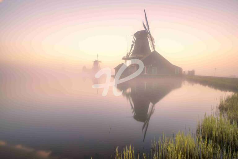 Windmühlen im Nebel mit einem Fluss zum Sonnenaufgang