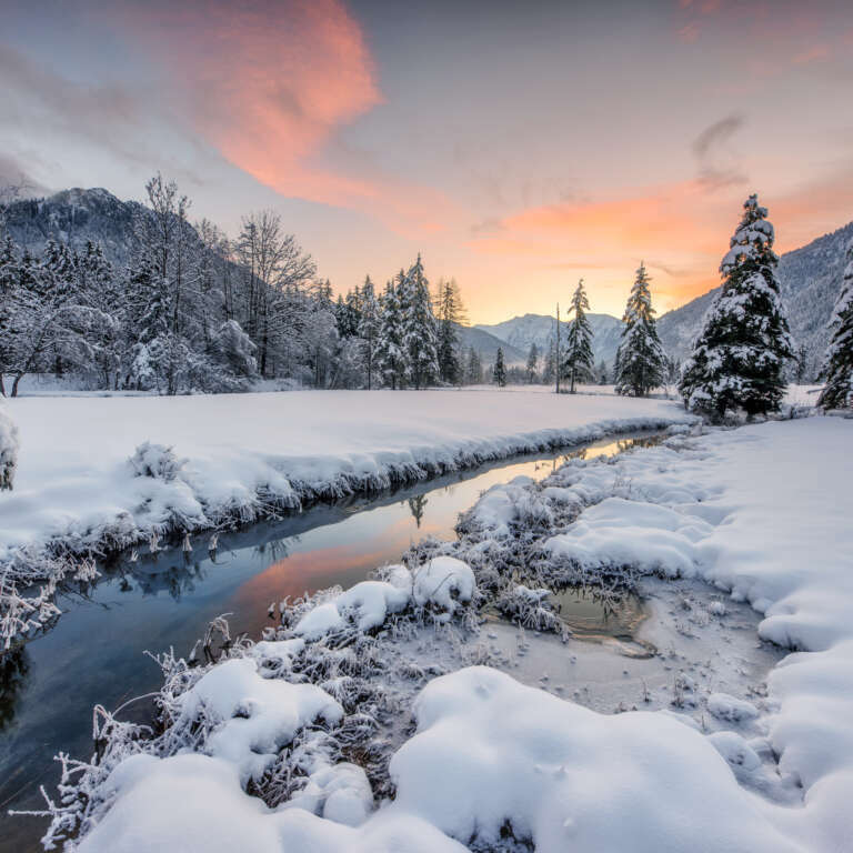 Ein Bach im Winter mit viel Schnee in einer verschneiten Landschaft