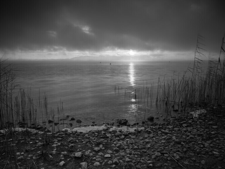 Ruhe am See - Ufer des Chiemsee mit Wolken und Sonne in Schwarz-Weiß