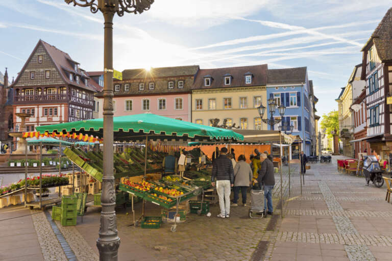 Wochenmarkt in der historischen Altstadt von Neustadt an der Weinstraße