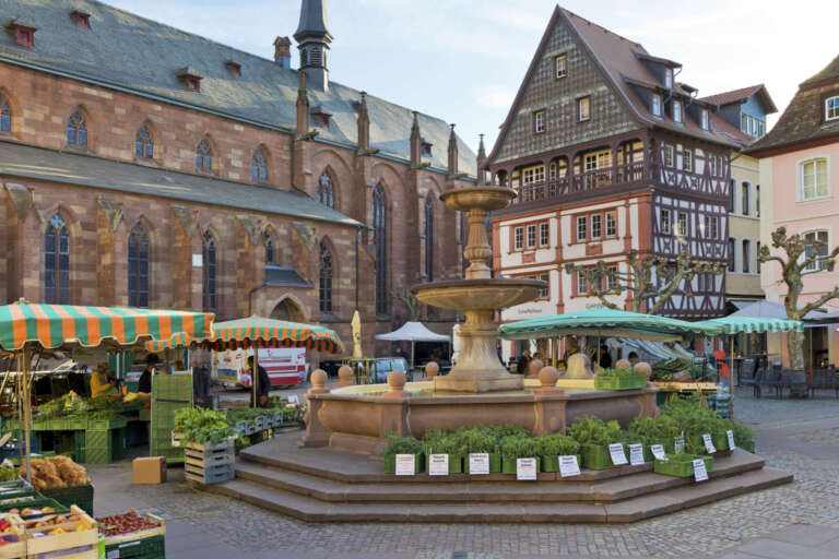 Marktstände auf dem Marktplatz von Neustadt an der Weinstraße